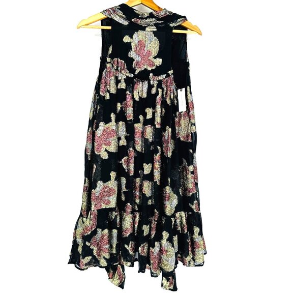 Maeve Anthropologie Shine Metallic Floral Black Sleeveless Tie-Neck Swing Dress - Picture 4 of 12
